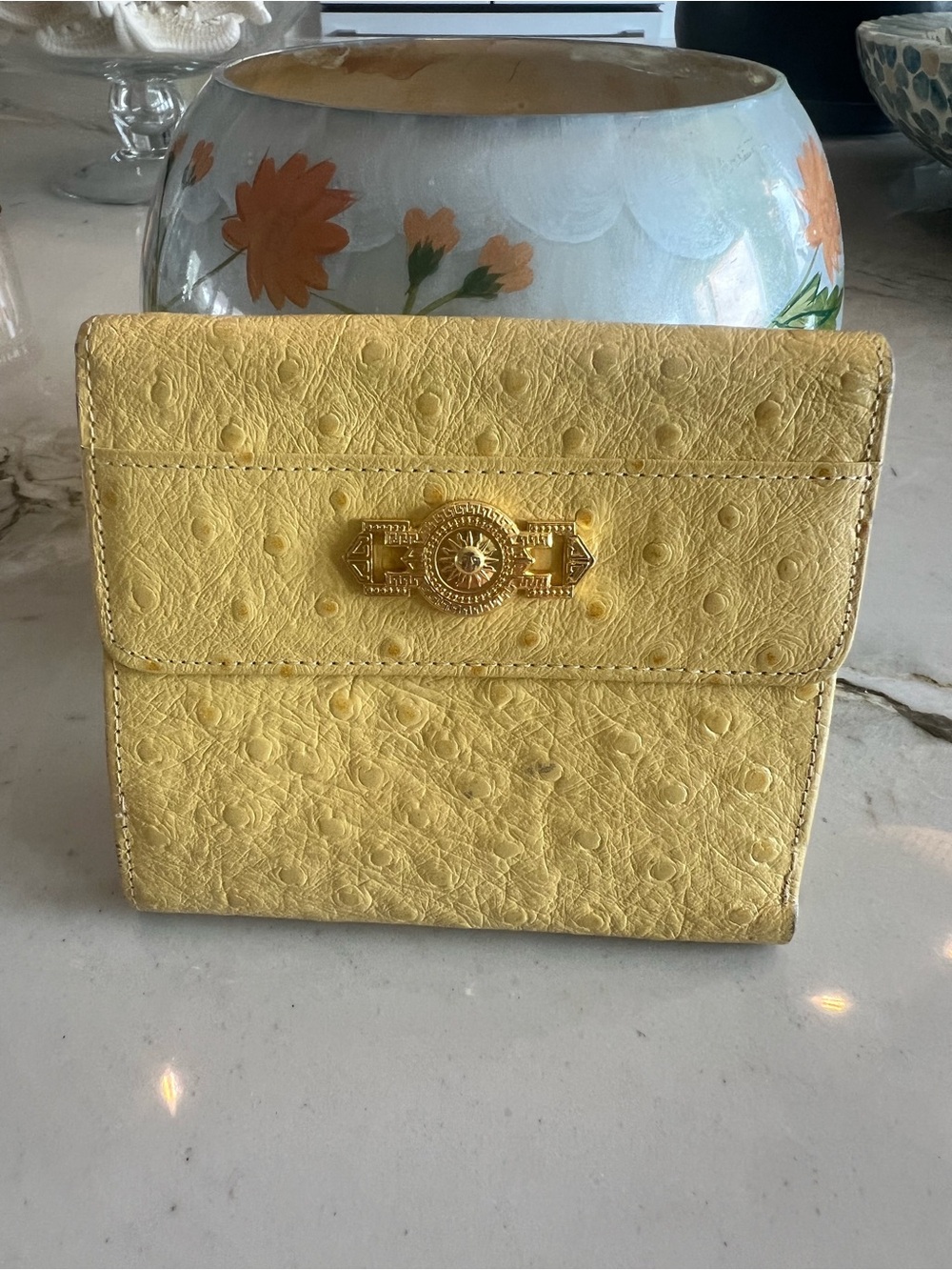 Versace Yellow Ostrich-Texture Mini Wallet Sunburst Gold Medallion